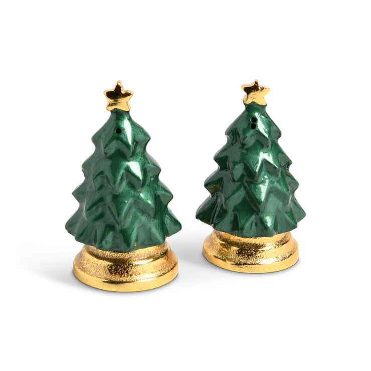 Holly Sprig Tree Salt & Pepper Shaker Gold Emerald