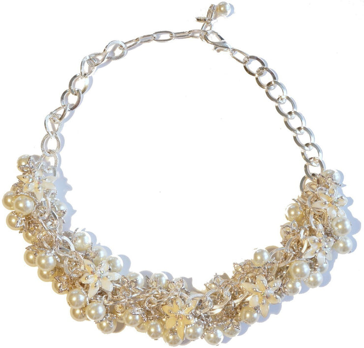 Lily Blossom Pearl Cluster Necklace Silver Snow
