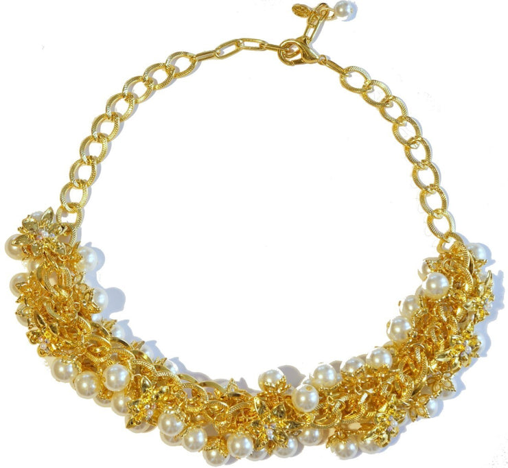 Lily Blossom Pearl Cluster Necklace Gold