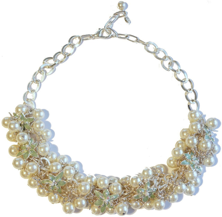 Lily Blossom Pearl Cluster Necklace Silver Turquoise